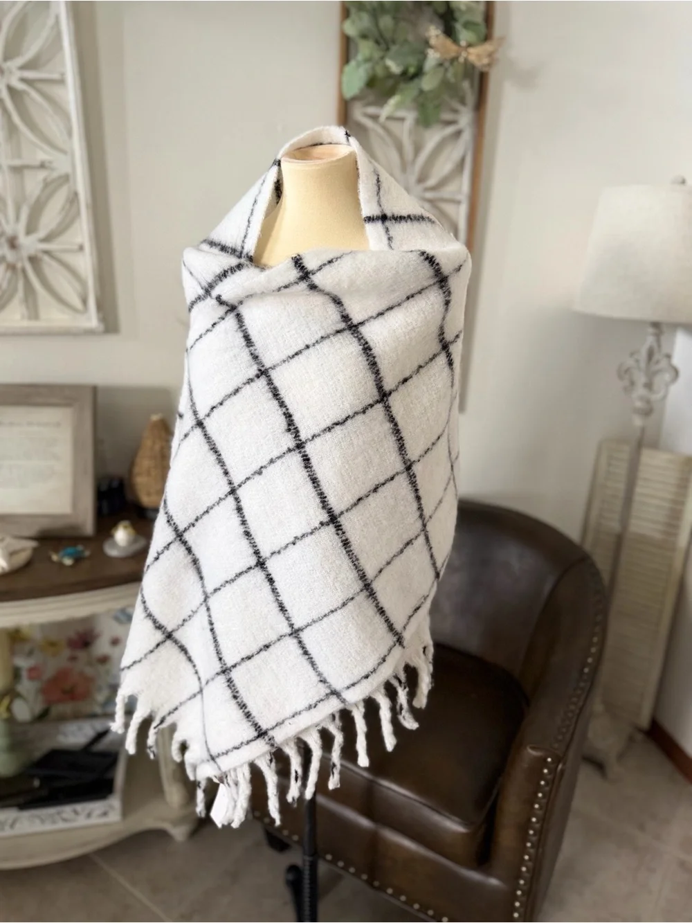 LOFT White with Black Windowpane Fringe Blanket Scarf